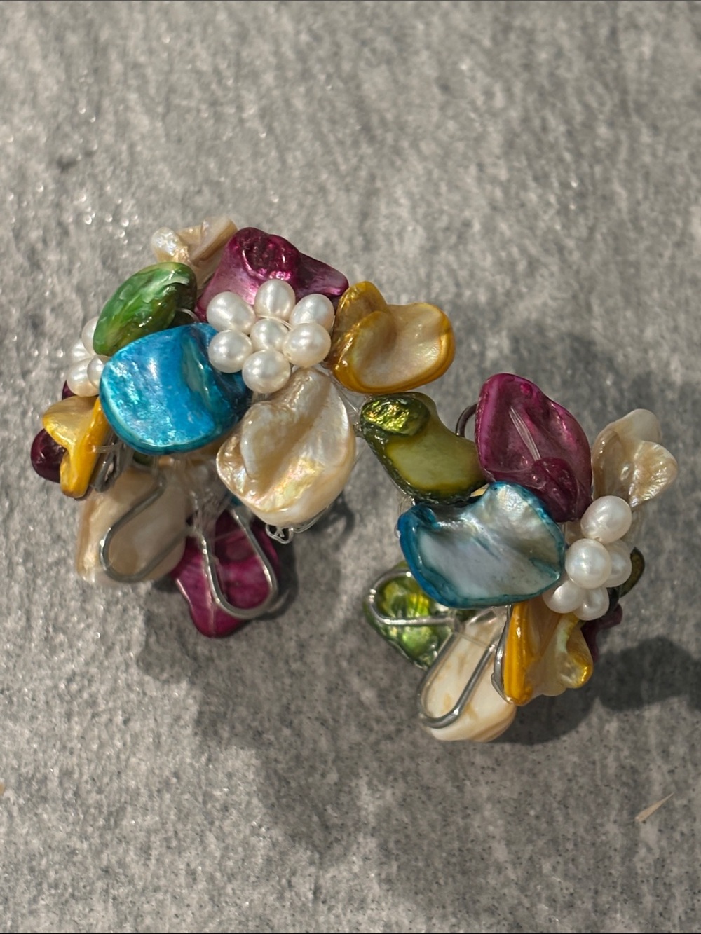 Vintage Freshwater Pearl Shell Cluster CUFF BRACELET Multicolored Colorful